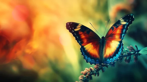 Butterfly rests on flowering stem against defocused light field