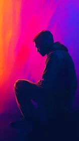 Silhouetted seated figure lit by high contrast neon rim light gradients