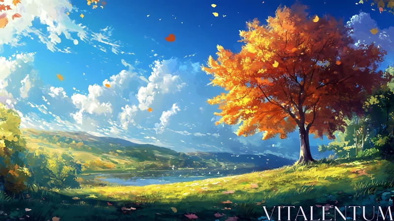 Autumn maple crowns sunlit lakeside meadow under blue sky.