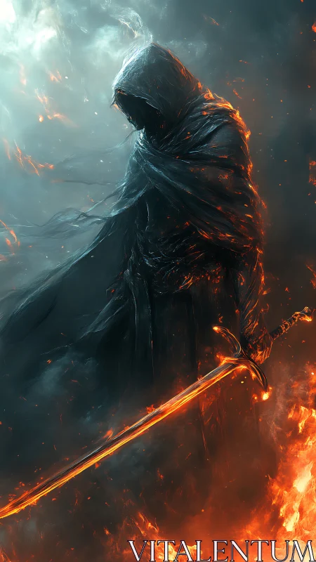 Hooded wraith with molten longsword in infernal storm