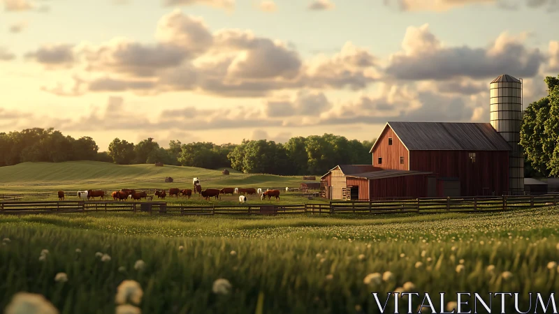 Cattle in fenced pasture near red barn and silo at sunset.