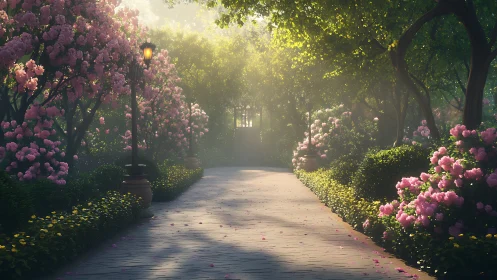Sunlit garden path with blooming pink flowers and lamp posts.
