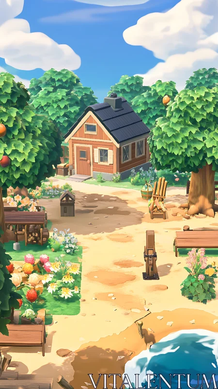 Pastoral cottage scene with cultivated garden: digital pastoral landscape.