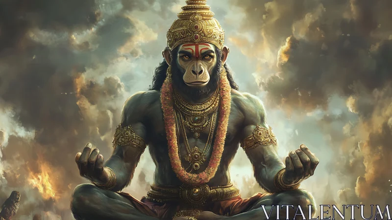 Storm crowned simian sage in molten sky meditation.