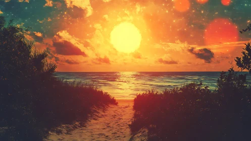 Radiant cosmic sunset bathes a secluded tropical shore.