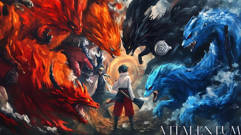 Elemental fox spirits encircle dueling warriors in dynamic vortex