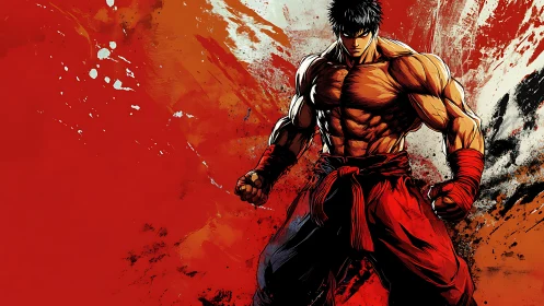 Crimson-splashed warrior strides from chaos, fists blazing