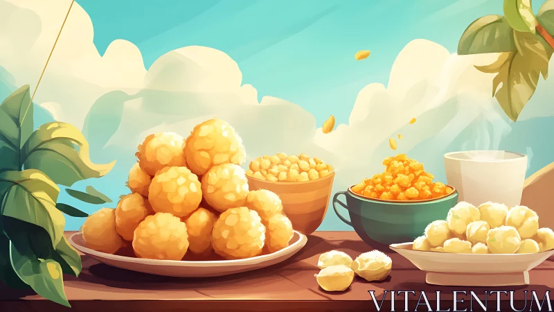 Sunny outdoor snack table with caramel popcorn clusters and puffs