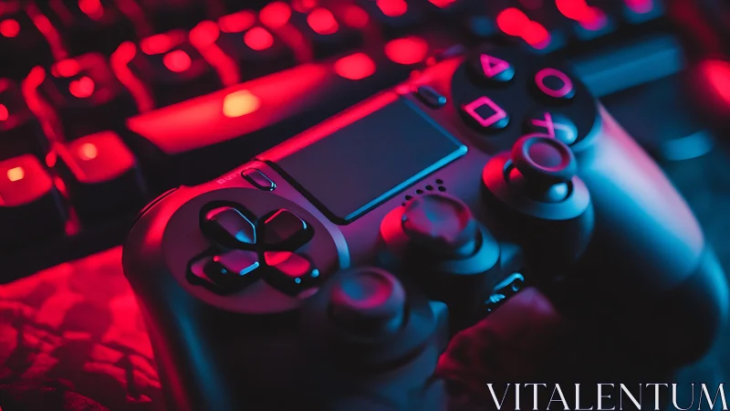 Gaming controller glows under neon red backlit keyboard.