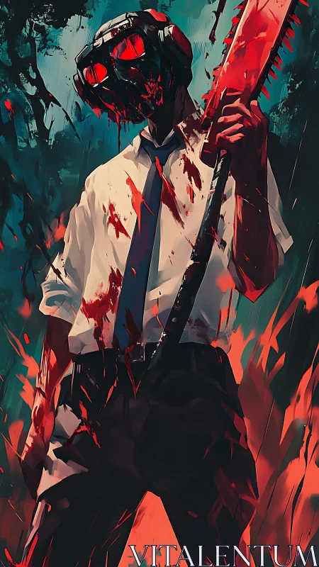 Digital painting of blood-soaked masked killer in dynamic stance.