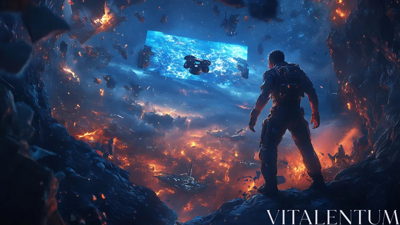 Exosuit observer above hyperspatial debris vortex gateway.