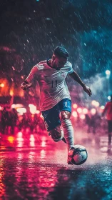 Soccer player strikes the ball on neon soaked rainy street