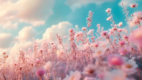 Pink flower field under turquoise sky with clouds