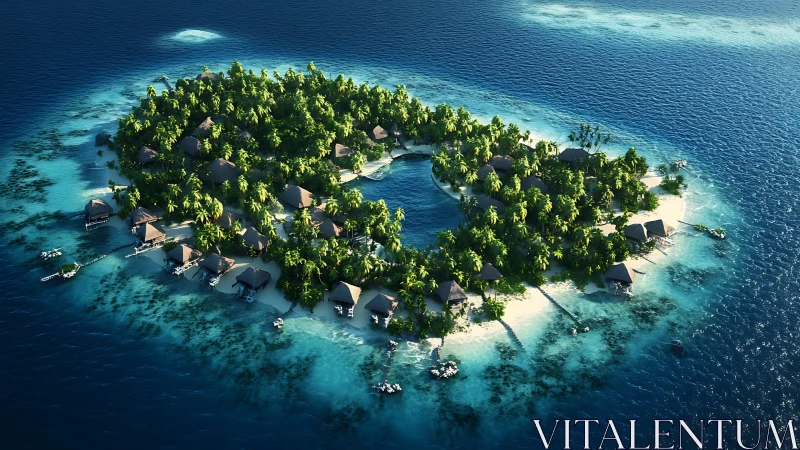 Aerial View of Tropical Island Resort with Overwater Bungalows and Lagoon