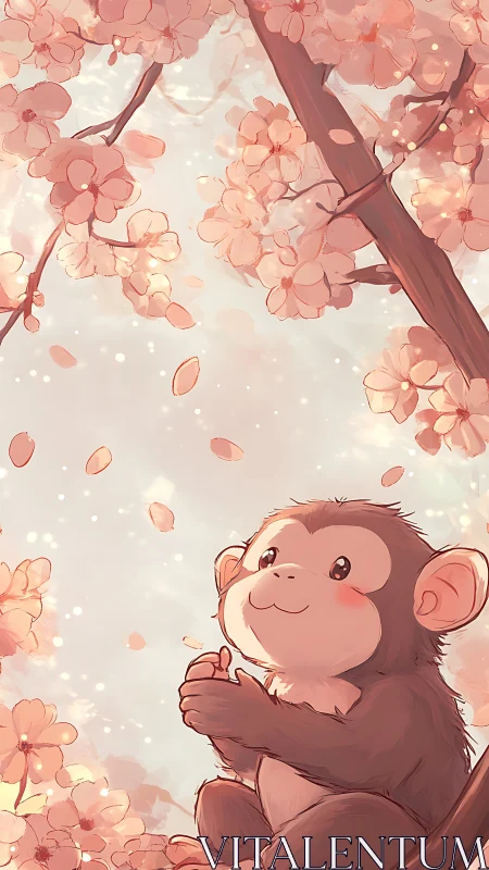 Soft anime illustration of baby monkey under cherry blossoms.