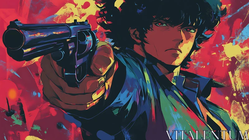 Dynamic anime gunslinger in close-range foreshortened perspective