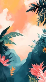 Sunrise canyon wrapped in teal jungle and coral blooms.