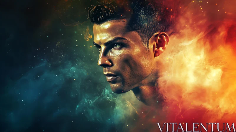 Fiery portrait drifting between cool stardust and embers.