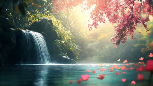 Tranquil forest waterfall with pink blossoms and soft light.