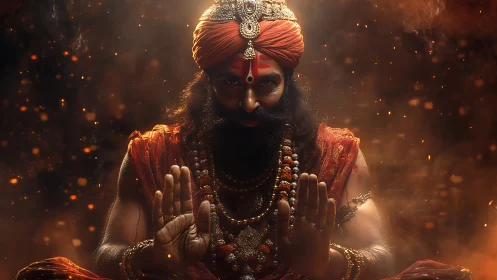 Mystic sage in glowing orange robes offering calm blessing.