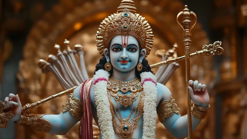Blue-skinned deity statue holds bow before golden shrine