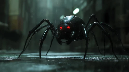 Autonomous robotic spider with red optical sensors stalks wet alley