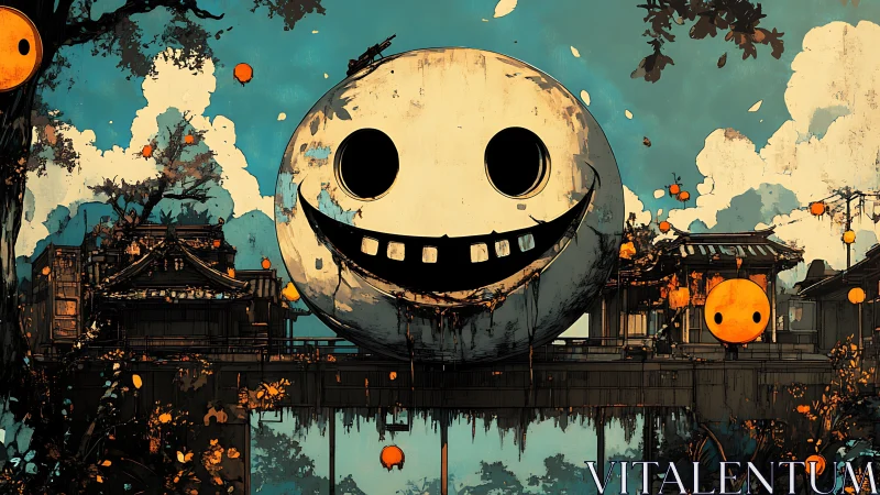 Large spherical face structure dominates stylized temple bridge