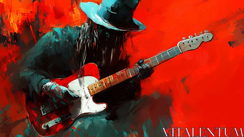 Electric blues guitarist in teal silhouette on fiery red ground.