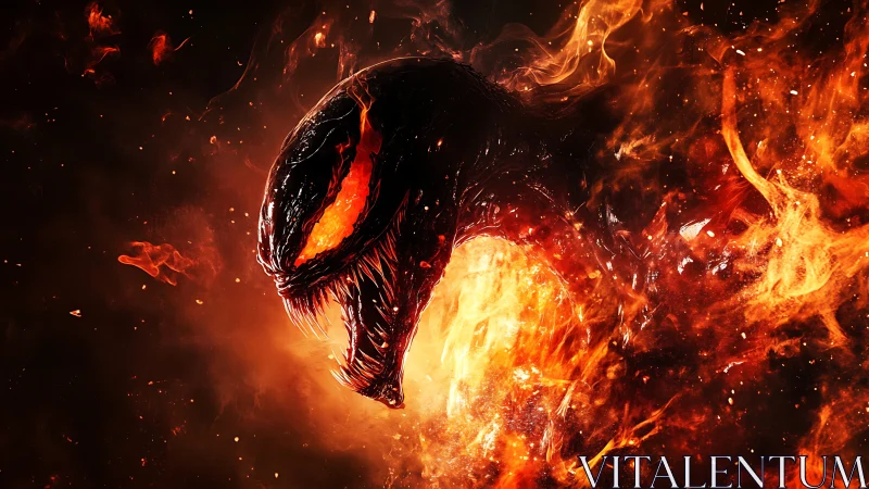 Fiery alien creature emerges roaring through swirling flames.