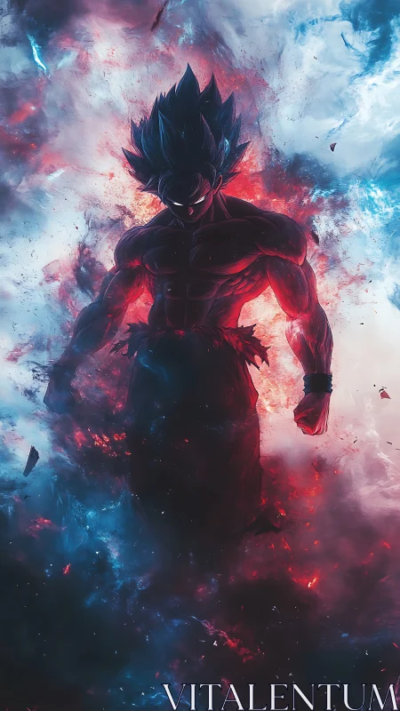 Cosmic warrior glows in swirling red and blue energy.