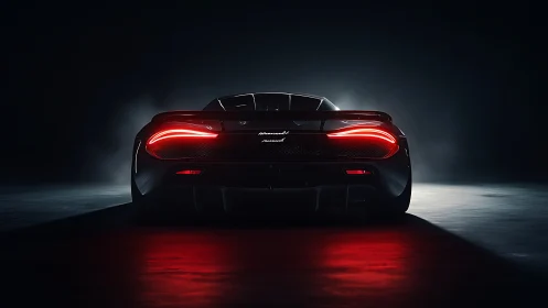 Rear view sports car shows illuminated taillights in darkness