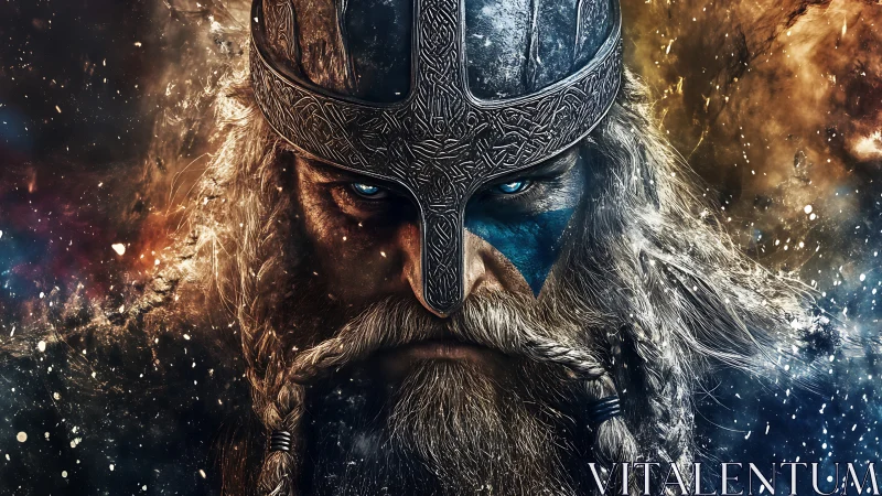 Storm-lit Viking warrior with fierce blue eyes and braids.