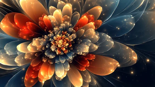 Radiant fractal flower renders layered translucent petals in 3D