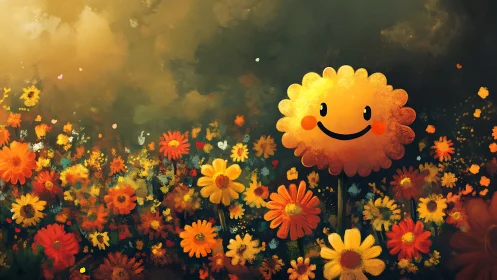 Anthropomorphic sun figure positioned within stylized floral field composition