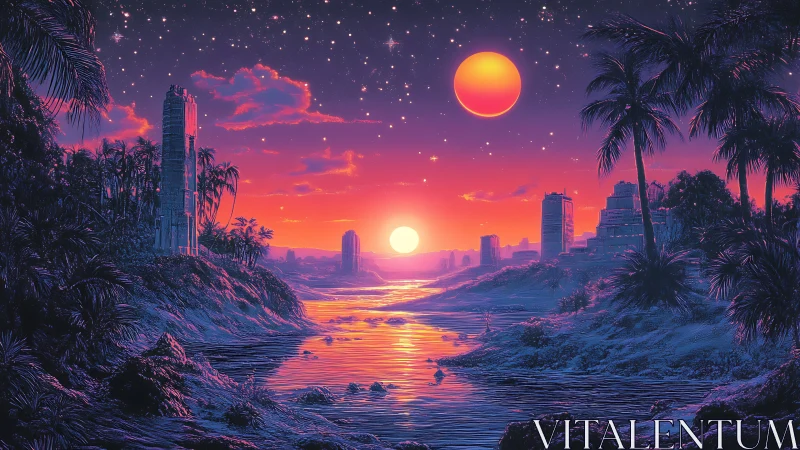 Binar sunset river under twin suns and neon starfield sky.