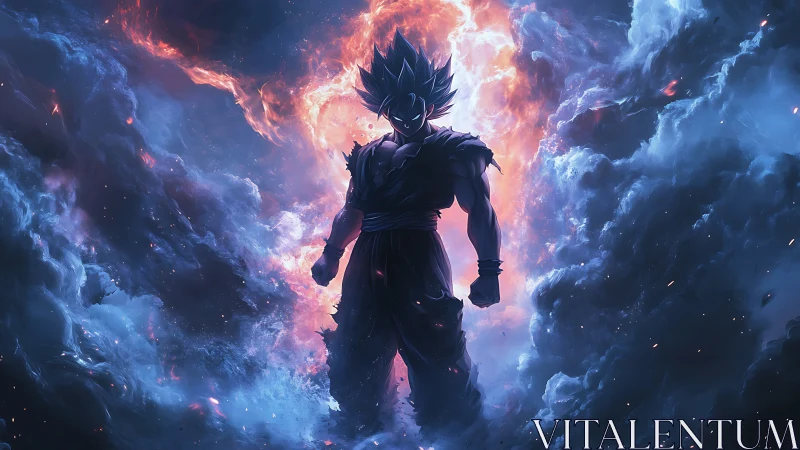 Fiery warrior silhouette ignites stormy cosmic clouds.