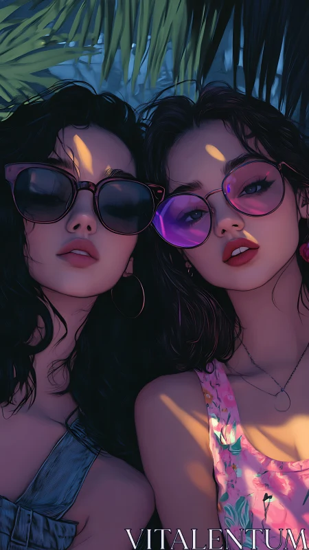 Sun-dappled sunglasses duo basking in dreamy tropical shade.