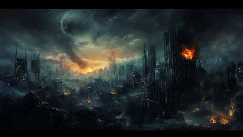 Post apocalyptic city ruins under burning stormy sky.