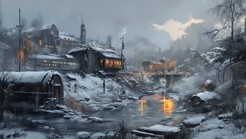 Soft lantern lights glow warmly through a quiet winter village