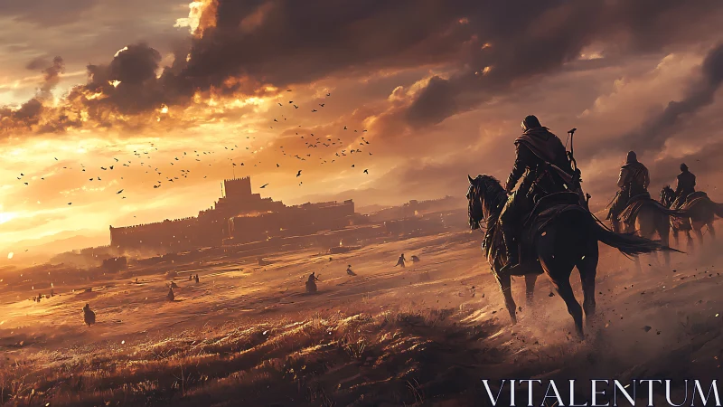 Mounted warriors ride toward fortified city at sunset.