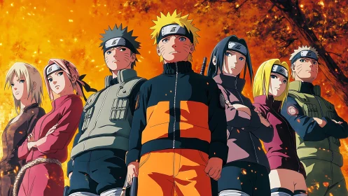 Ninja team stands united before blazing autumn forest sky