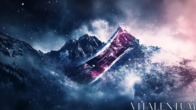 Cosmic mountain peak glowing through swirling winter clouds.