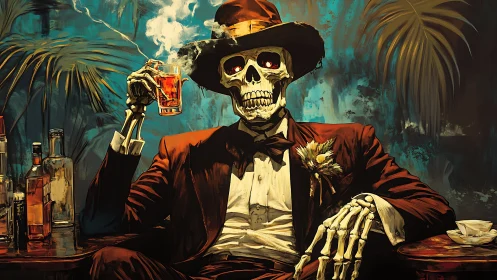 Skeletal dandy in crimson tuxedo conducting spectral cocktail study.