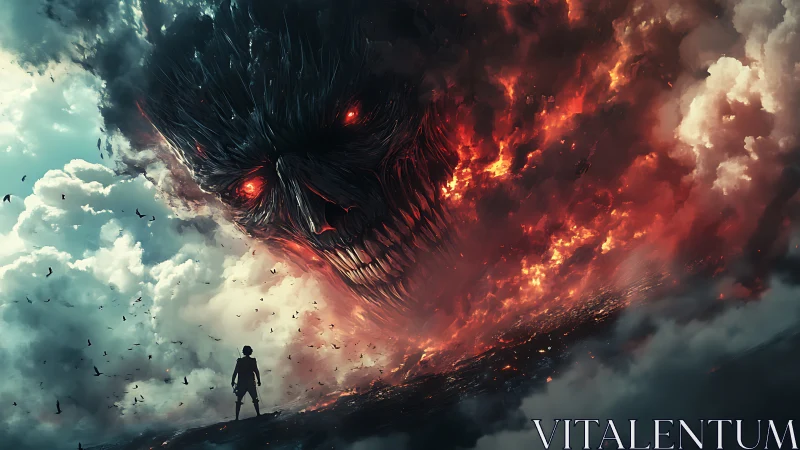 Giant flaming demonic face looms over lone figure