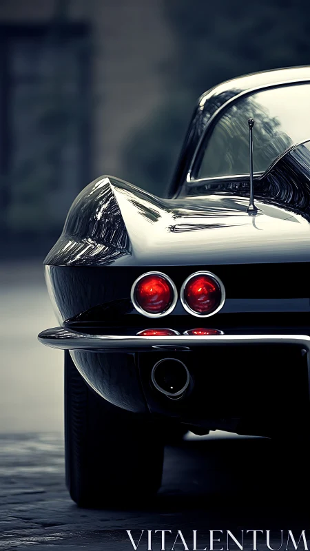 Rear view of vintage black sports coupe in soft light.
