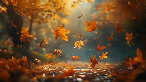 Golden autumn leaves dancing through soft forest light.