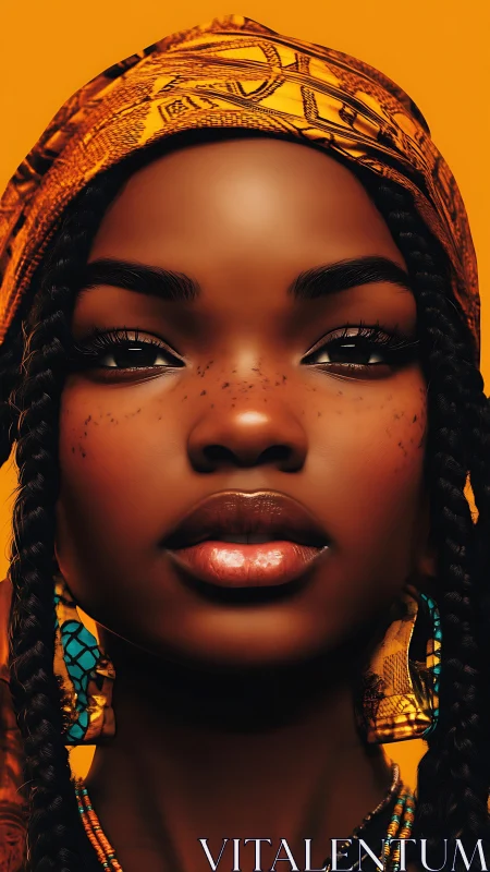 Portrait of stoic woman in patterned headwrap on orange field.