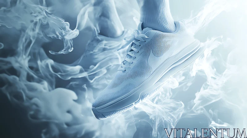 Futuristic white running shoe levitates within ethereal vapor field