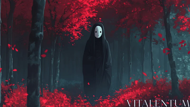 Digital painting of robed spirit in crimson forest environment.