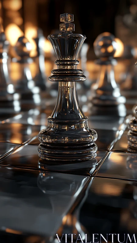 Gleaming glass king stands poised at the heart of the board